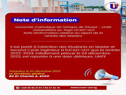 l'Université Catholique de l'Afrique de l'Ouest - Unité Universitaire au Togo UCAO-UUT